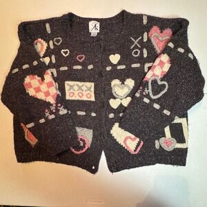 Vintage Valentine's Day Angora Wool Blend Heart Cardigan Sweater Grey Size 26/28